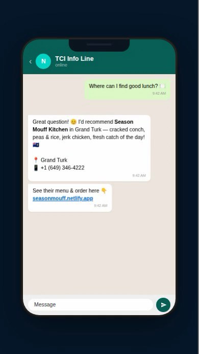 A WhatsApp conversation with Naija: a visitor asks where to find good lunch and Naija replies with a restaurant, its location, phone number and menu link.