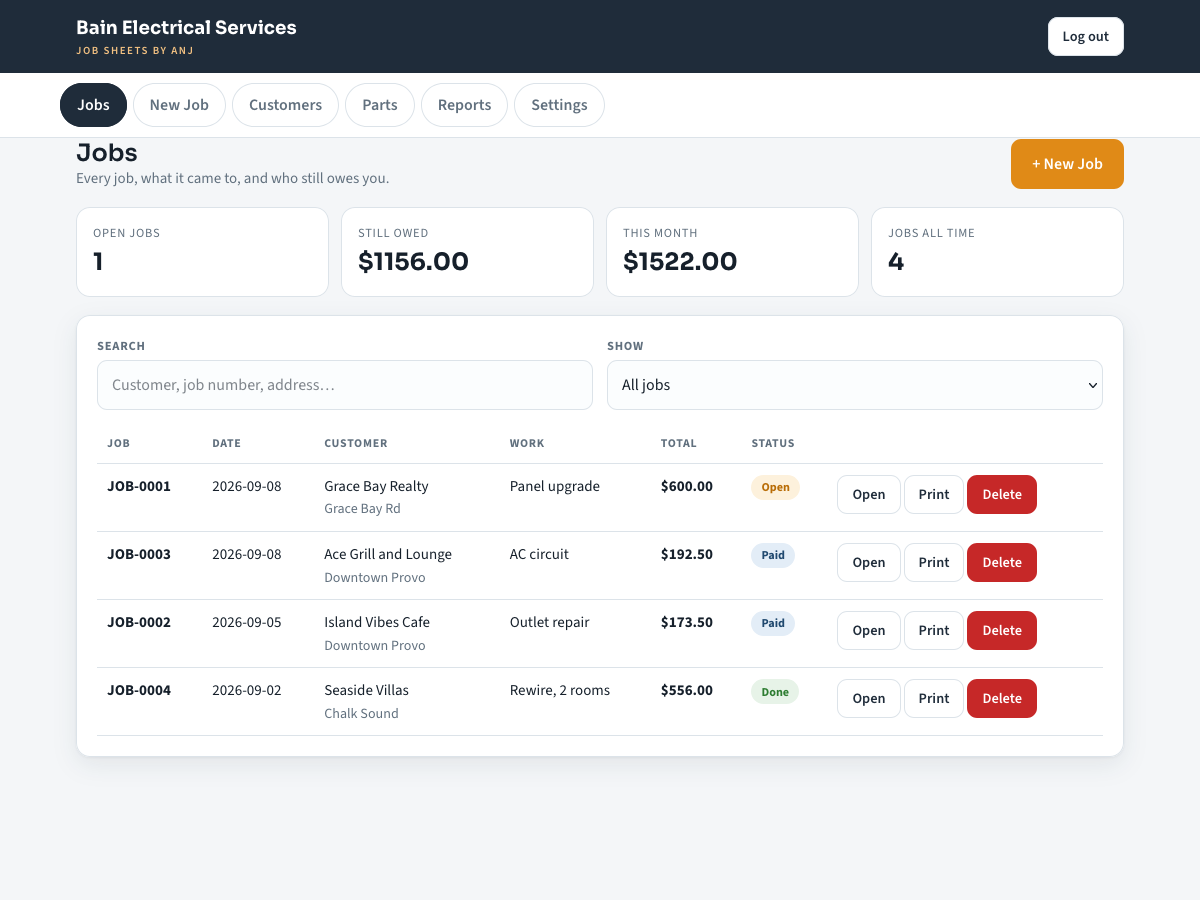 The Job Sheets dashboard for a demo electrician: 1 open job, $1156.00 still owed, $1522.00 billed this month, and a table of recent jobs with their status.