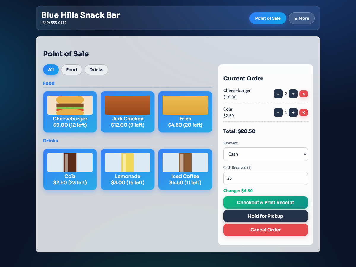 The POS System register for a snack bar: photo buttons for food and drinks, a current order totaling $20.50, and the change calculated for $25 cash received.