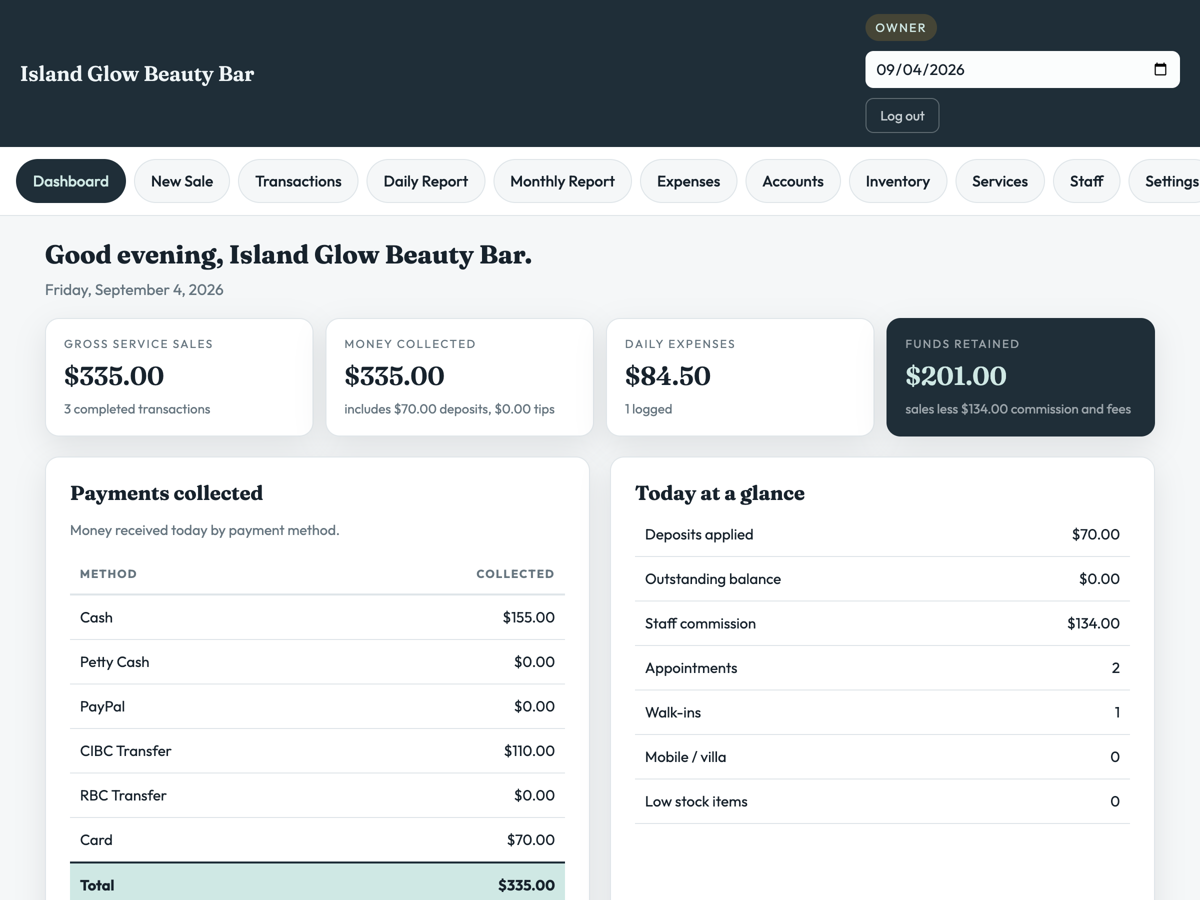 The Salon POS dashboard for a demo salon: $335.00 collected today across cash, bank transfer and card, $134.00 of staff commission, and $201.00 retained by the business.