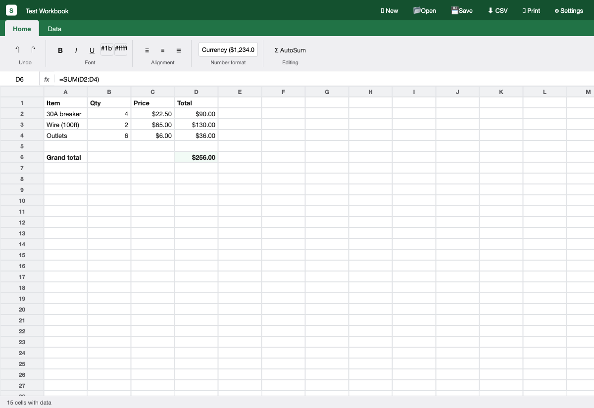 Sheet, a spreadsheet listing parts for a job (30A breaker, wire, outlets) with quantities and prices, a formula bar showing =SUM(D2:D4), and a Grand total of $256.00.