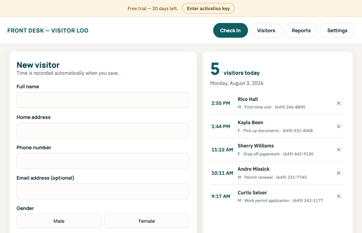 The Visitor Log check-in screen with the new visitor form on the left and today's five checked-in visitors listed with their arrival times on the right.