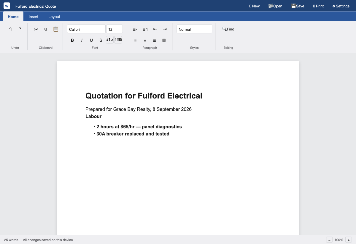 Write, a document open with the heading Quotation for Fulford Electrical, a line for the customer and date, a bold Labour subheading, and a two item bulleted list of the work done.